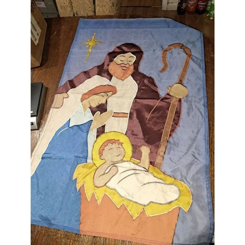 Vintage Large Christmas Nativity Scene House Flag Baby Jesus